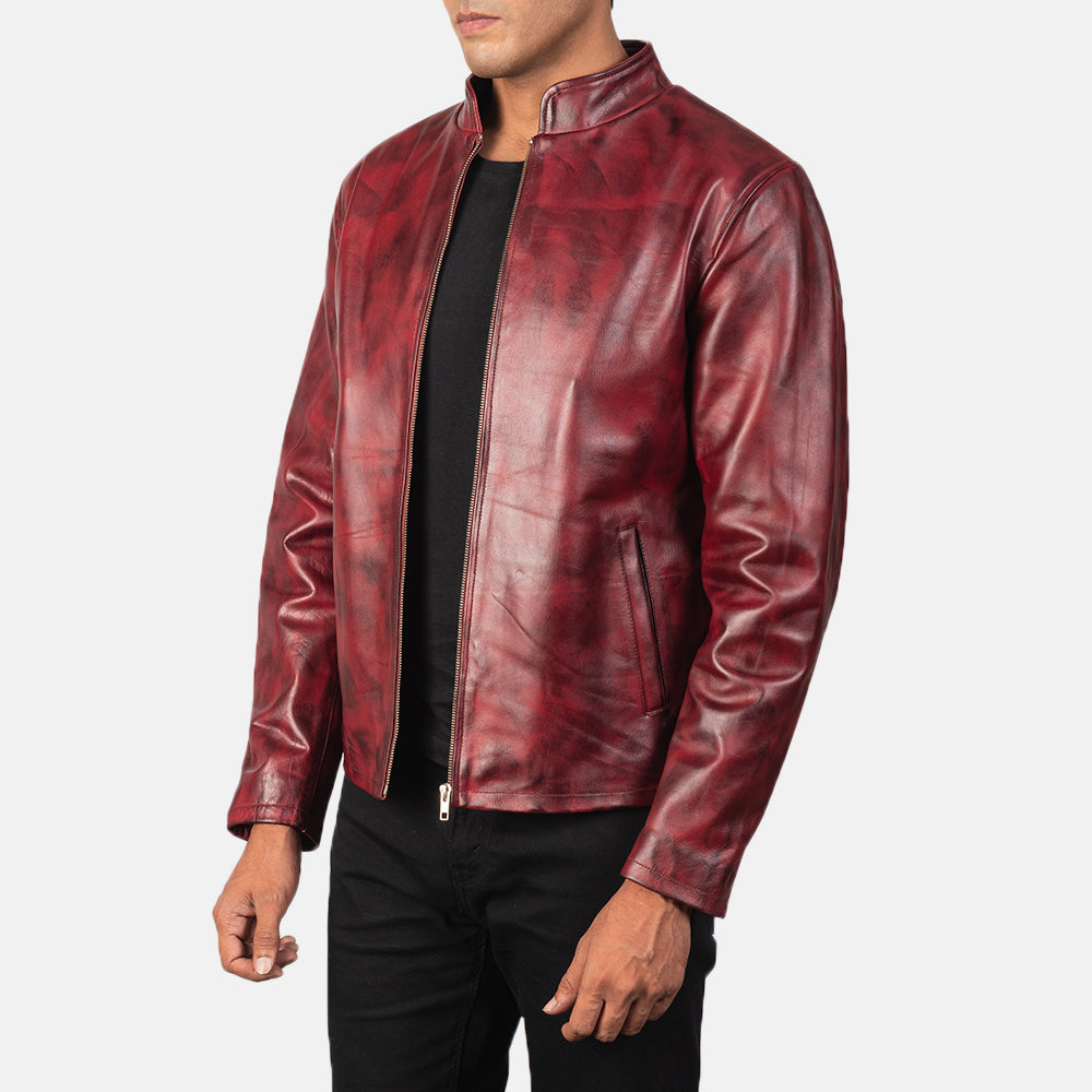 Alex Distressed Burgundy Leather Jacket - men's jacket in burgundy cowhide leather, view 2