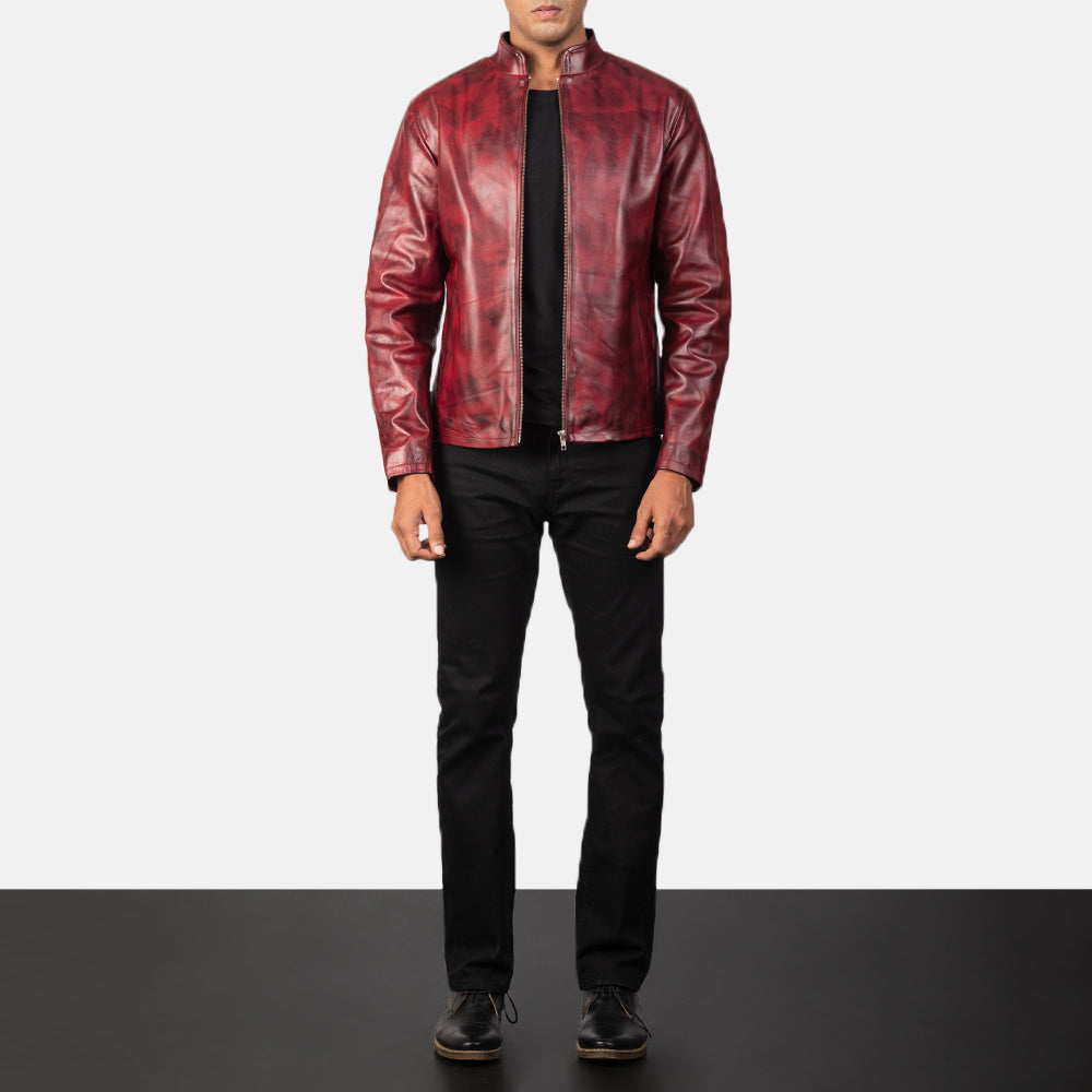 Alex Distressed Burgundy Leather Jacket - men's jacket in burgundy cowhide leather, view 3