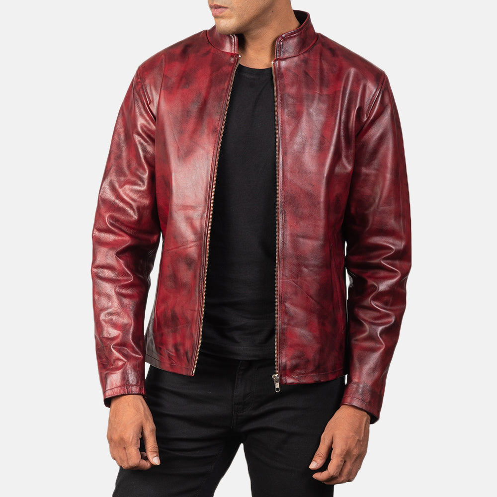 Alex Distressed Burgundy Leather Jacket - men's jacket in burgundy cowhide leather, view 4