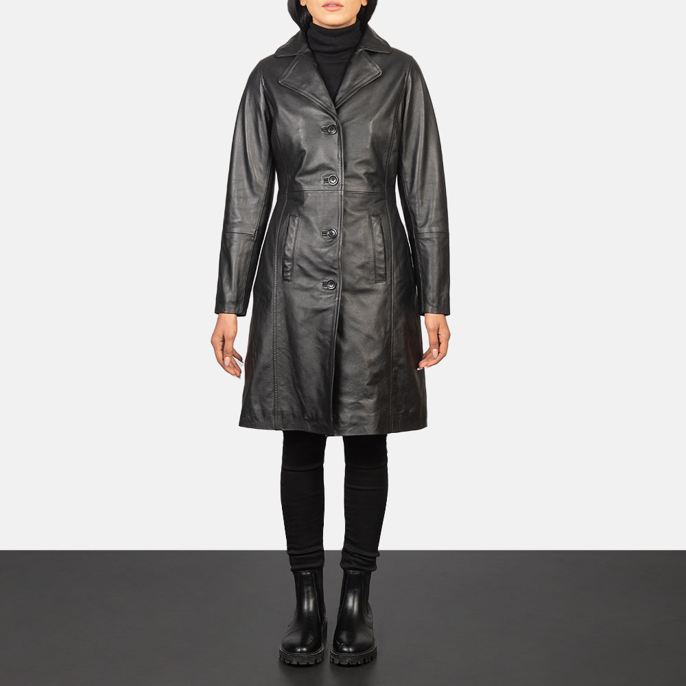 Brex Alexis Black Single Breasted Leather Coat - women's coat in black cowhide leather, view 1