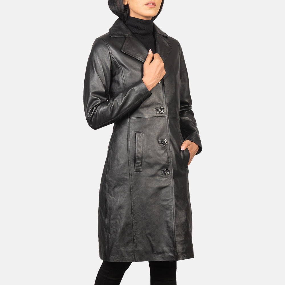 Brex Alexis Black Single Breasted Leather Coat - women's coat in black cowhide leather, view 2