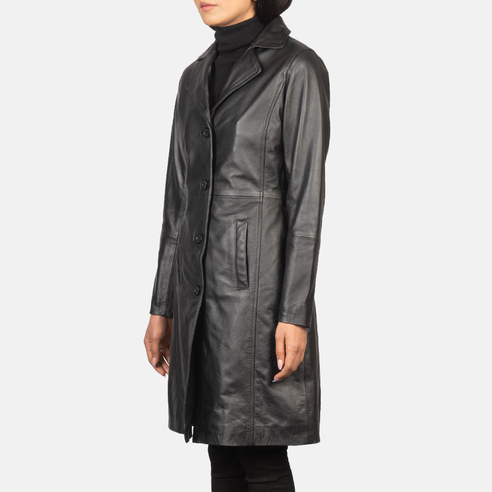Brex Alexis Black Single Breasted Leather Coat - women's coat in black cowhide leather, view 3