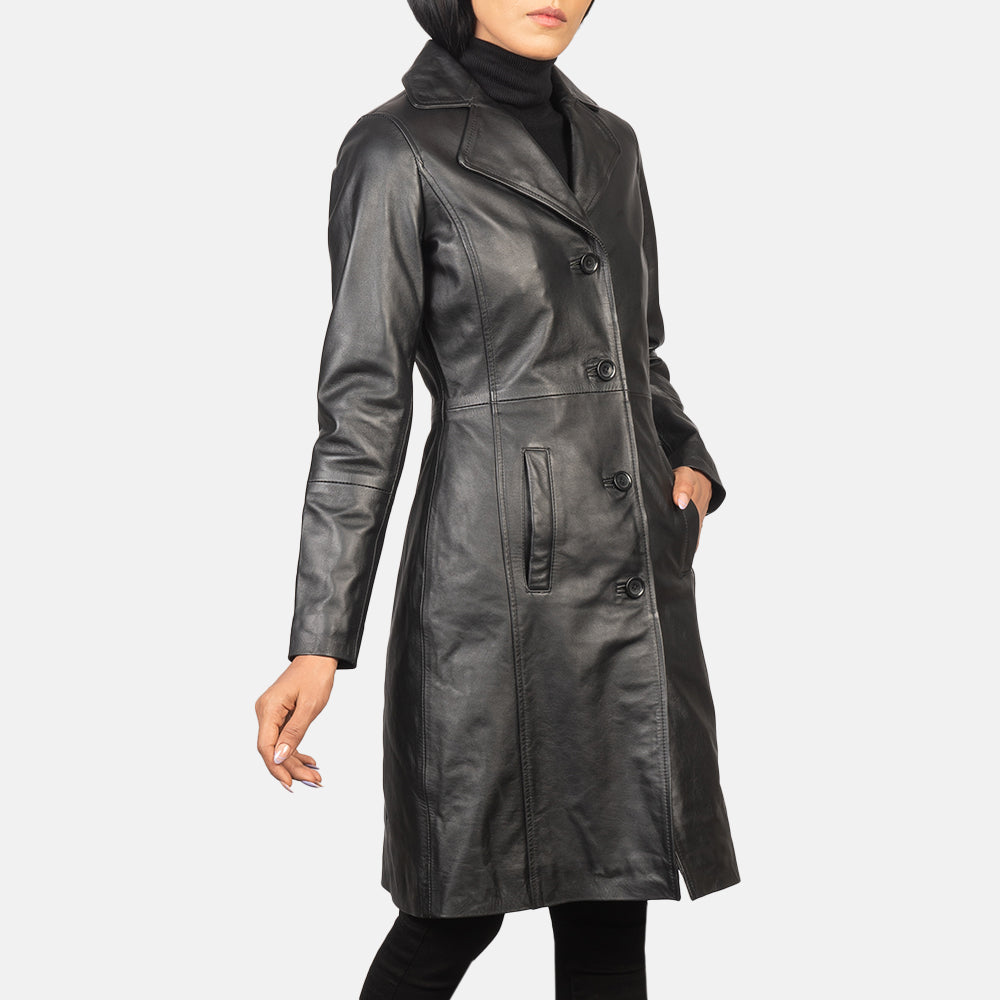 Brex Alexis Black Single Breasted Leather Coat - women's coat in black cowhide leather, view 4