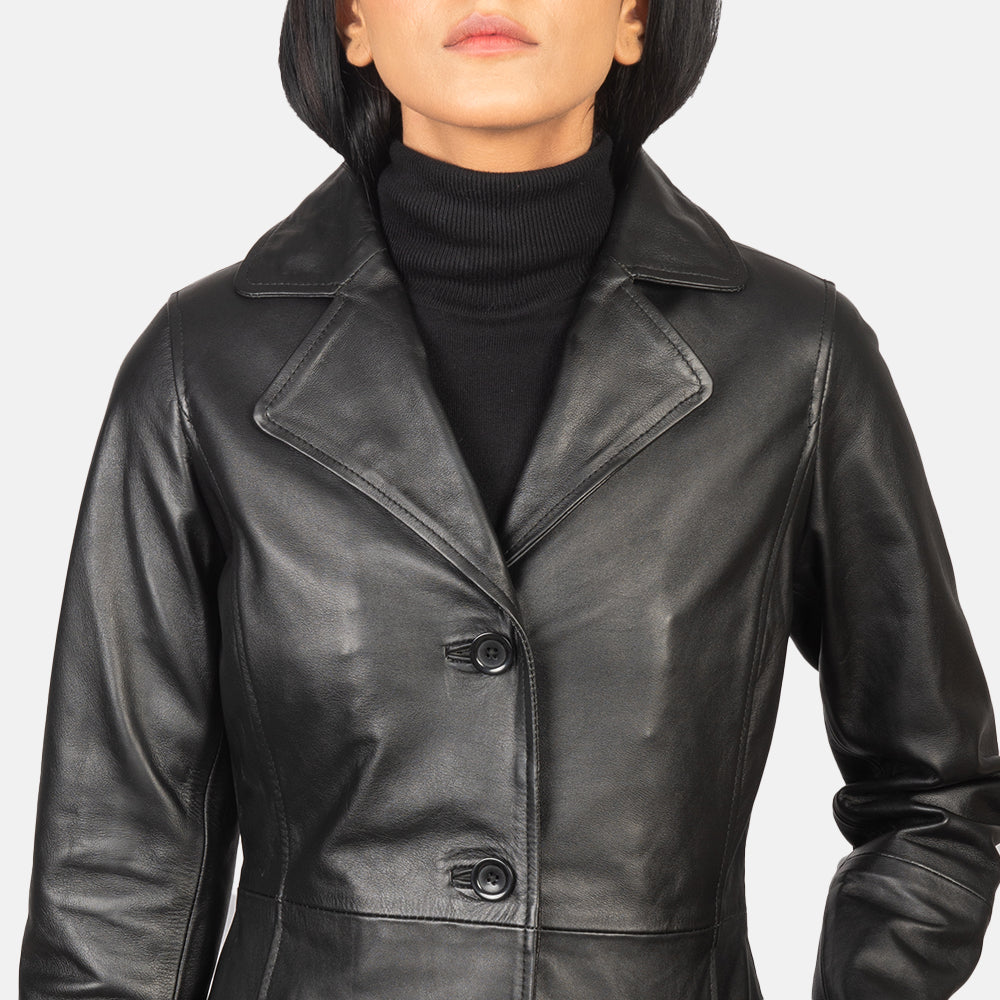 Brex Alexis Black Single Breasted Leather Coat - women's coat in black cowhide leather, view 6