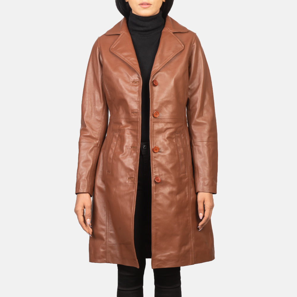 Alexis Brown Single Breasted Leather Coat - women's coat in brown cowhide leather, view 1