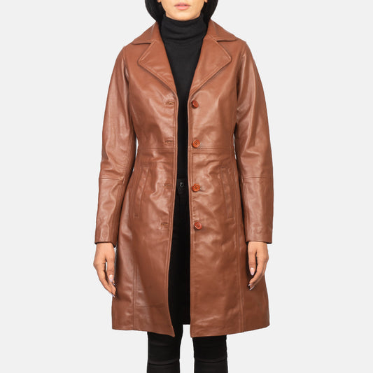 Alexis Brown Single Breasted Leather Coat - women's coat in brown cowhide leather, view 1