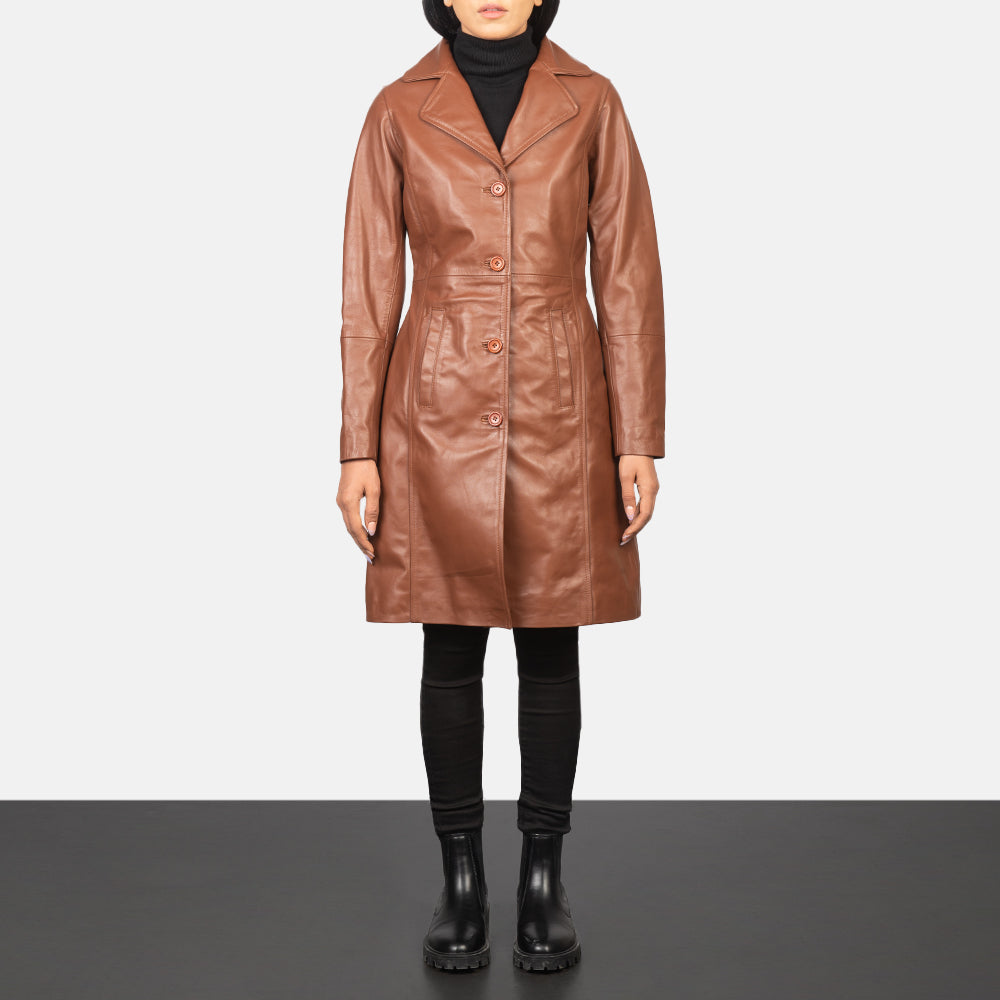 Alexis Brown Single Breasted Leather Coat - women's coat in brown cowhide leather, view 3