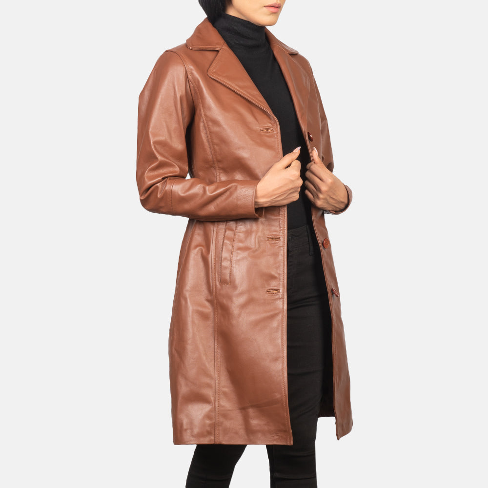 Alexis Brown Single Breasted Leather Coat - women's coat in brown cowhide leather, view 4