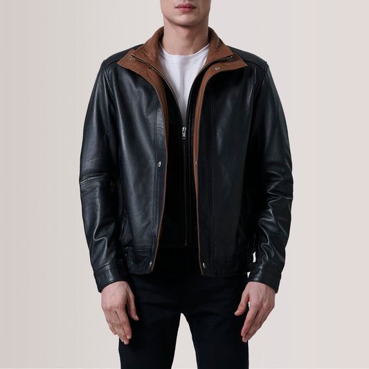 Alfred Black Leather Bomber Jacket - men's jacket in black premium leather, view 1