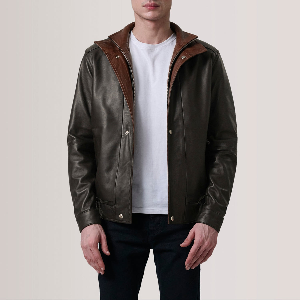 Alfred Brown Leather Bomber Jacket - men's jacket in brown premium leather, view 1