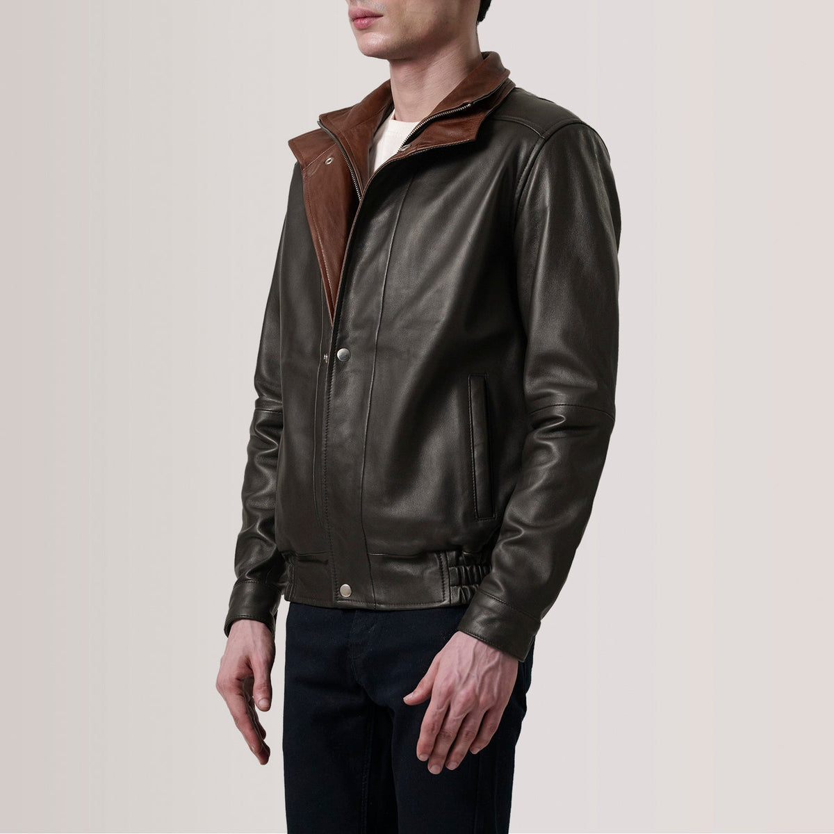 Alfred Brown Leather Bomber Jacket - men's jacket in brown premium leather, view 3