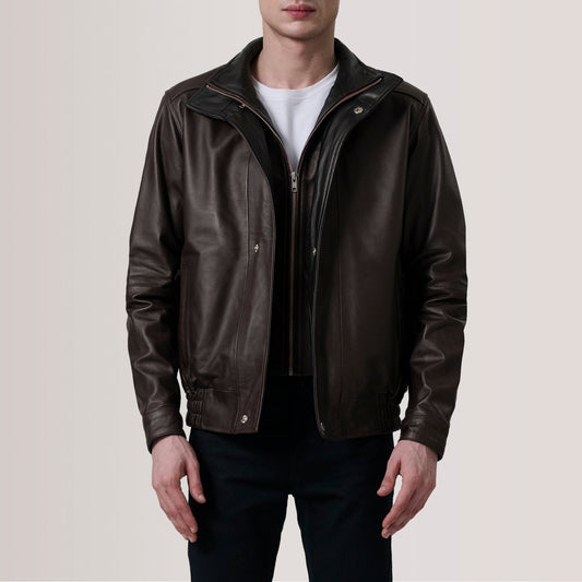Alfred Maroon Leather Bomber Jacket - men's jacket in maroon premium leather, view 1