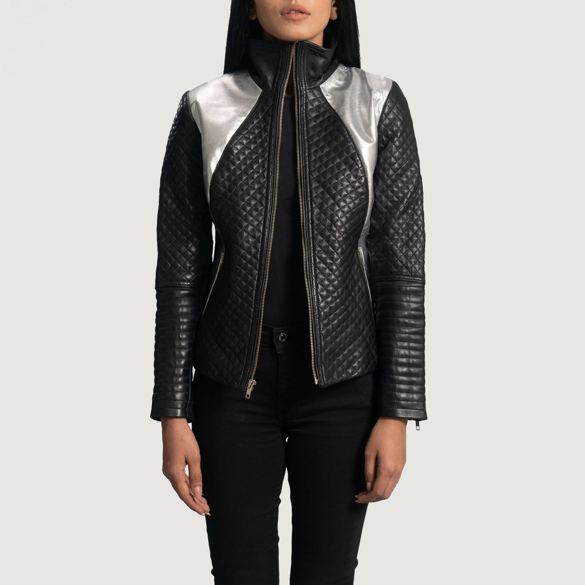 Alia Metallic Black Leather Biker Jacket - women's jacket in black sheepskin leather, view 1