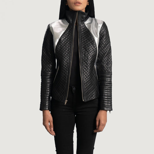 Alia Metallic Black Leather Biker Jacket - women's jacket in black sheepskin leather, view 1