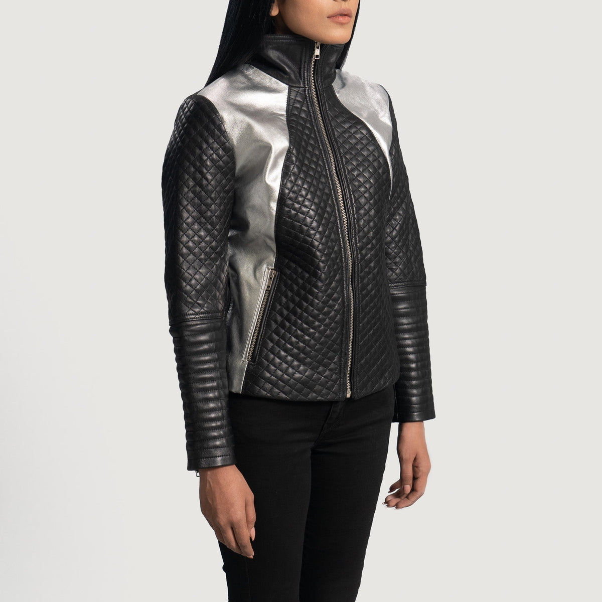 Alia Metallic Black Leather Biker Jacket - women's jacket in black sheepskin leather, view 2