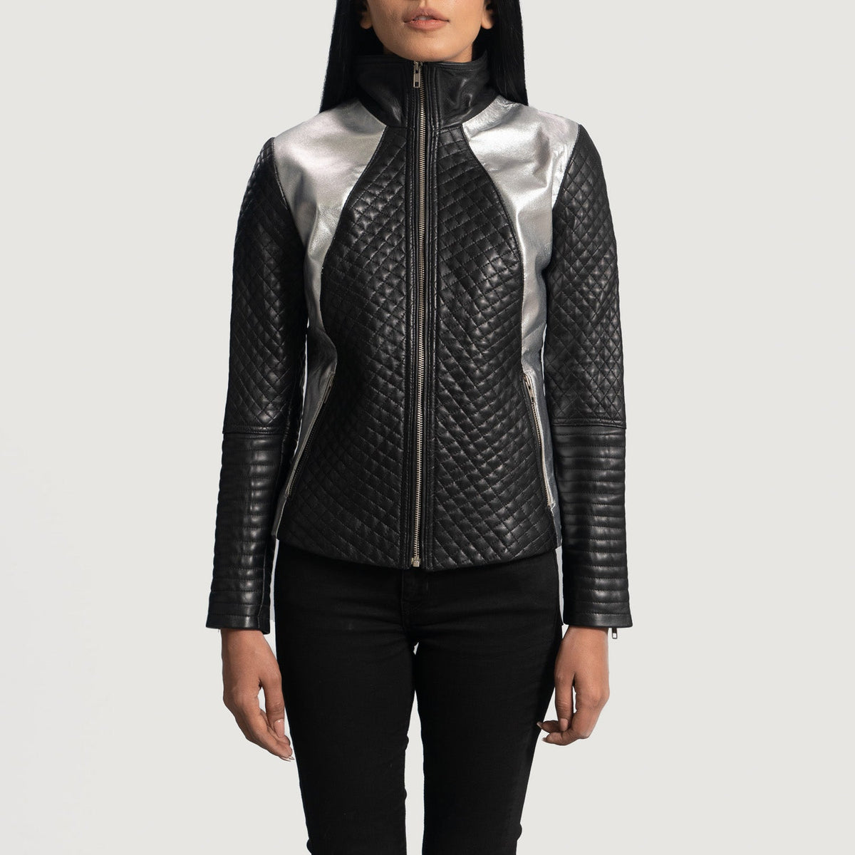 Alia Metallic Black Leather Biker Jacket - women's jacket in black sheepskin leather, view 3