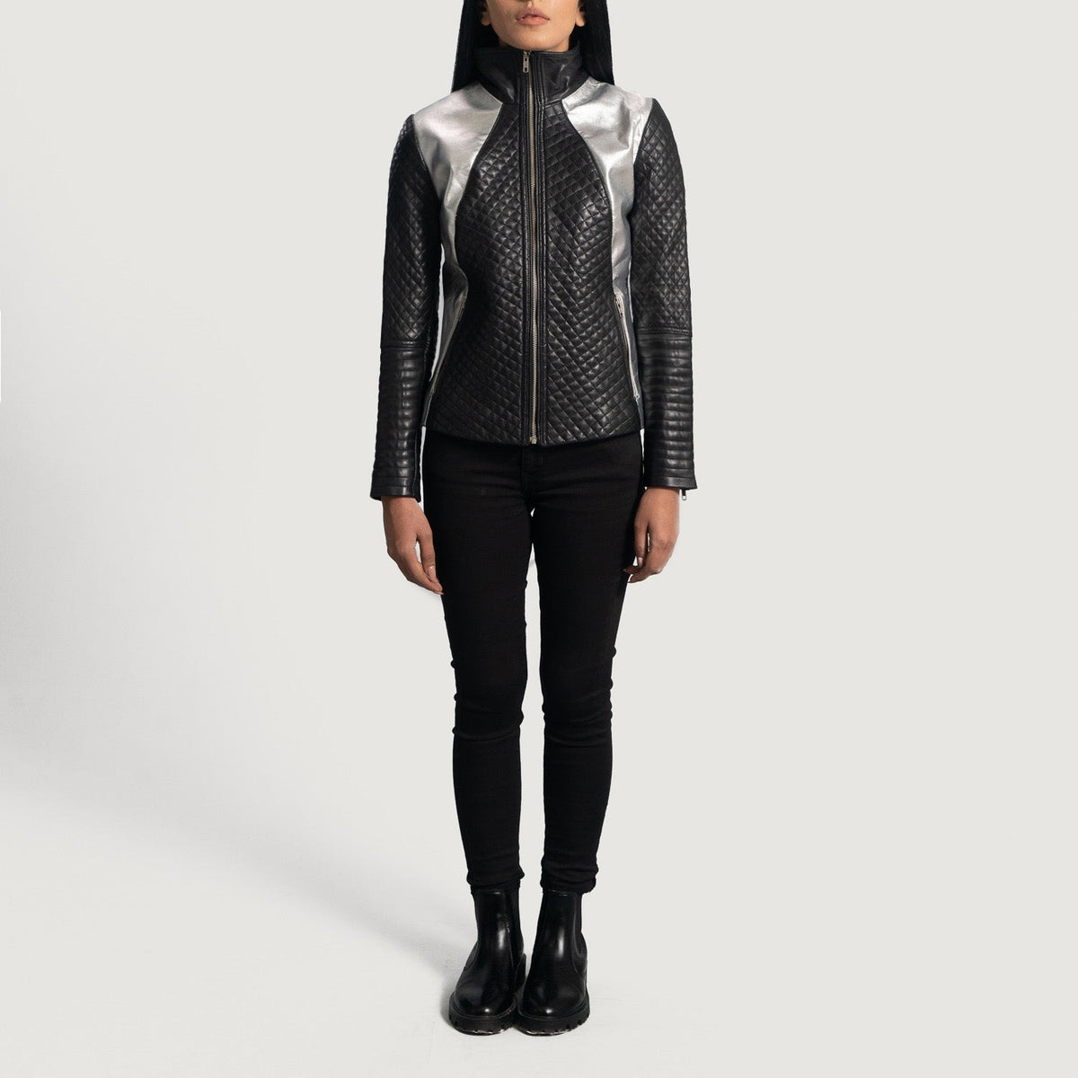 Alia Metallic Black Leather Biker Jacket - women's jacket in black sheepskin leather, view 4