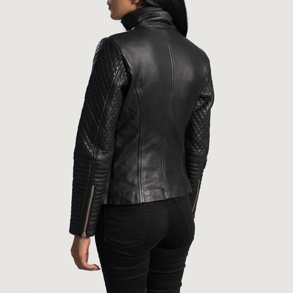 Alia Metallic Black Leather Biker Jacket - women's jacket in black sheepskin leather, view 5