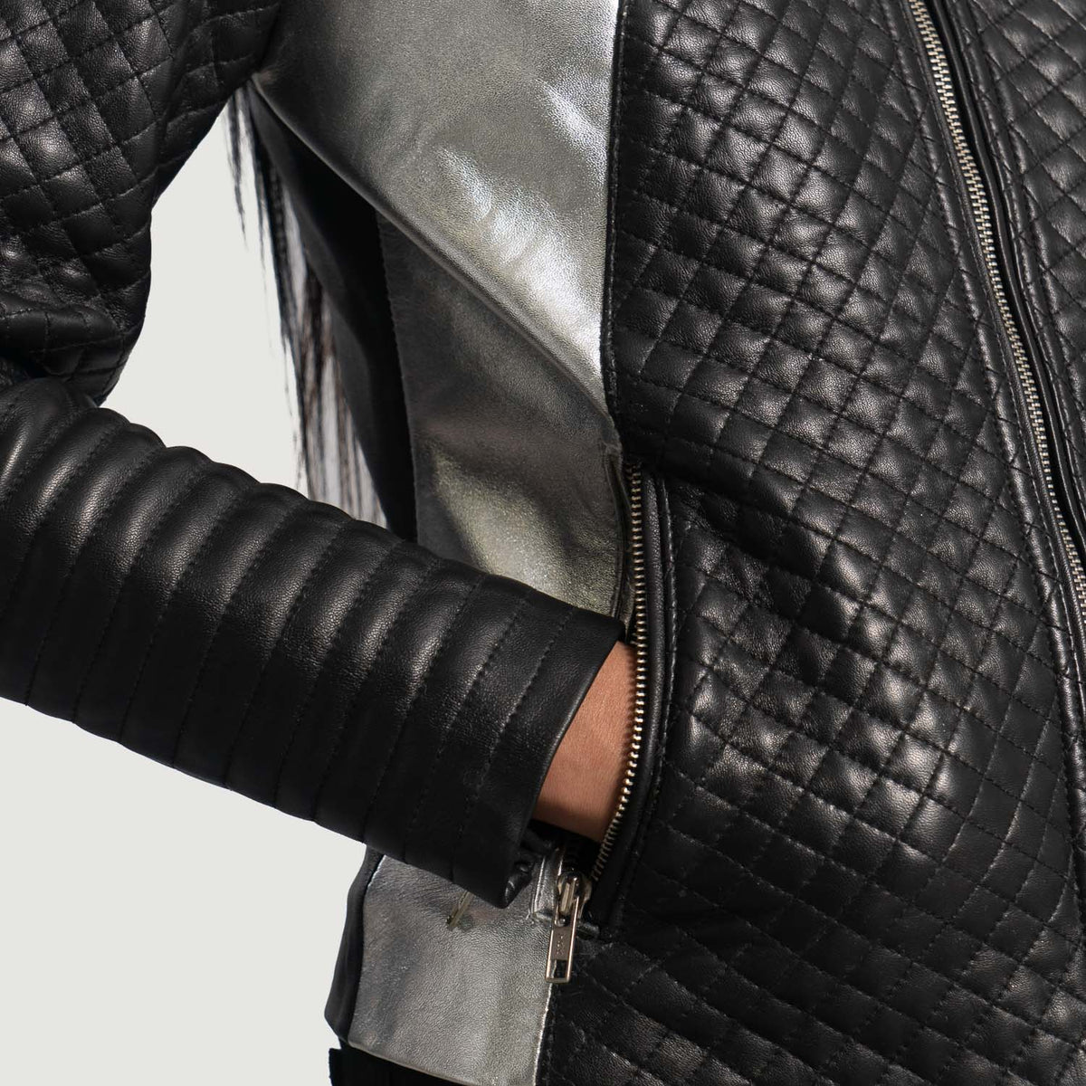 Alia Metallic Black Leather Biker Jacket - women's jacket in black sheepskin leather, view 6