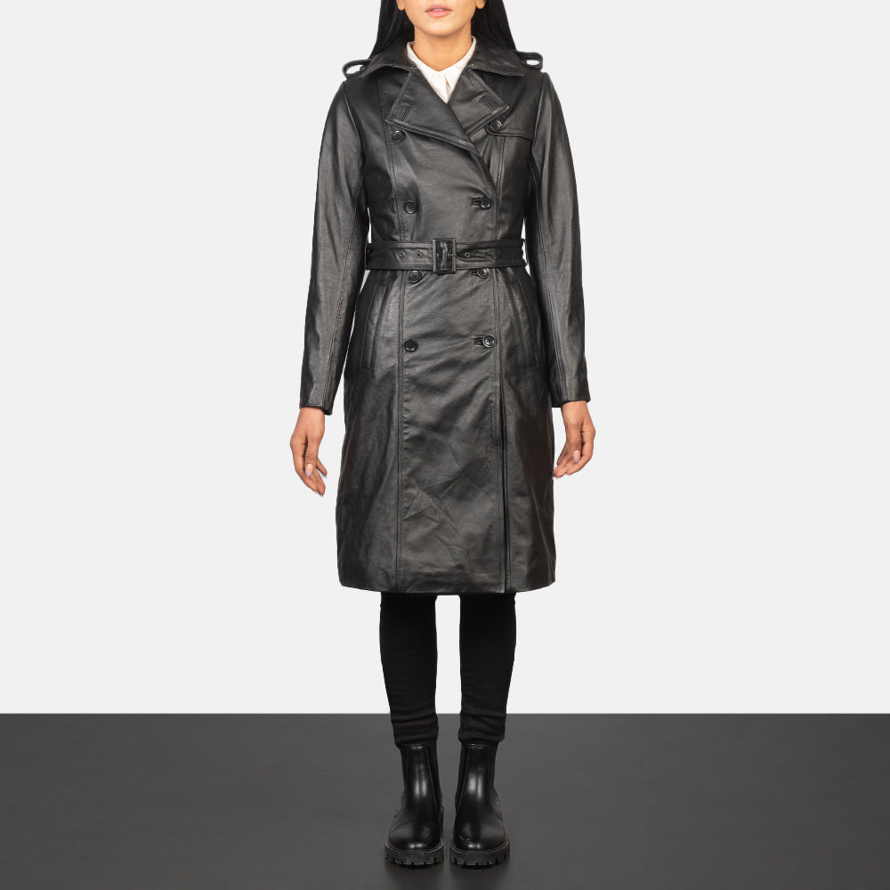 Brex Alice Black Double Breasted Leather Coat - women's coat in black cowhide leather, view 1