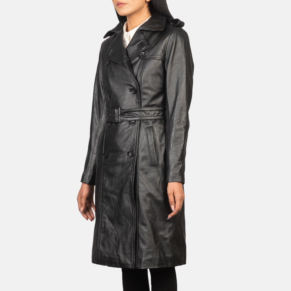 Brex Alice Black Double Breasted Leather Coat - women's coat in black cowhide leather, view 2