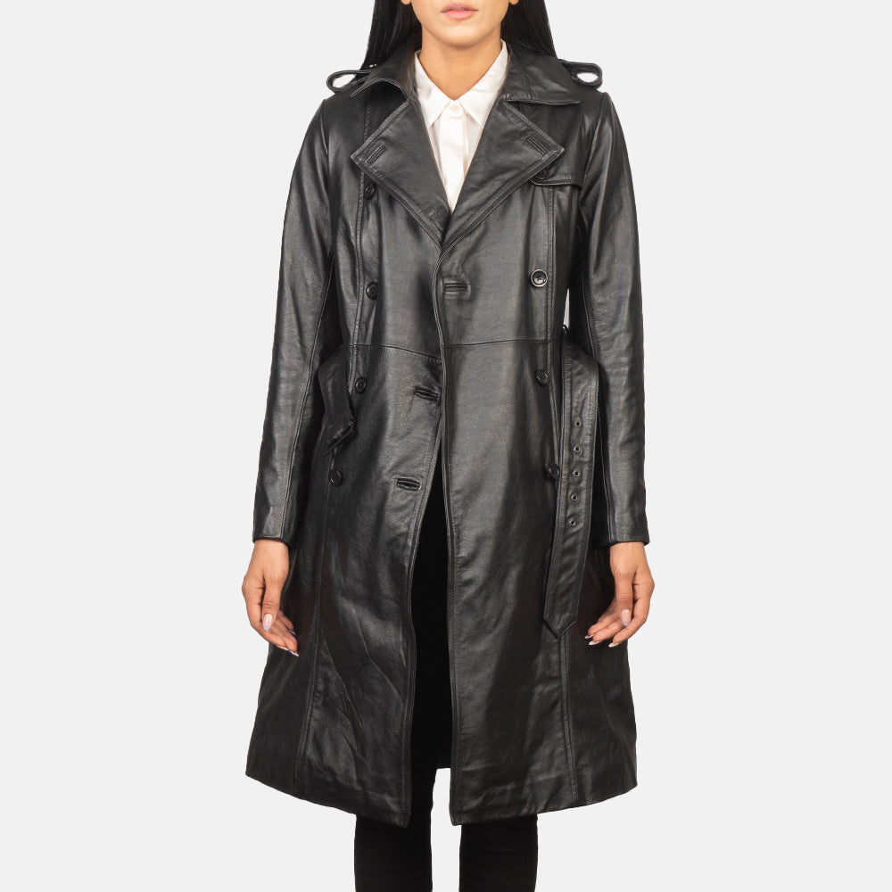 Brex Alice Black Double Breasted Leather Coat - women's coat in black cowhide leather, view 3