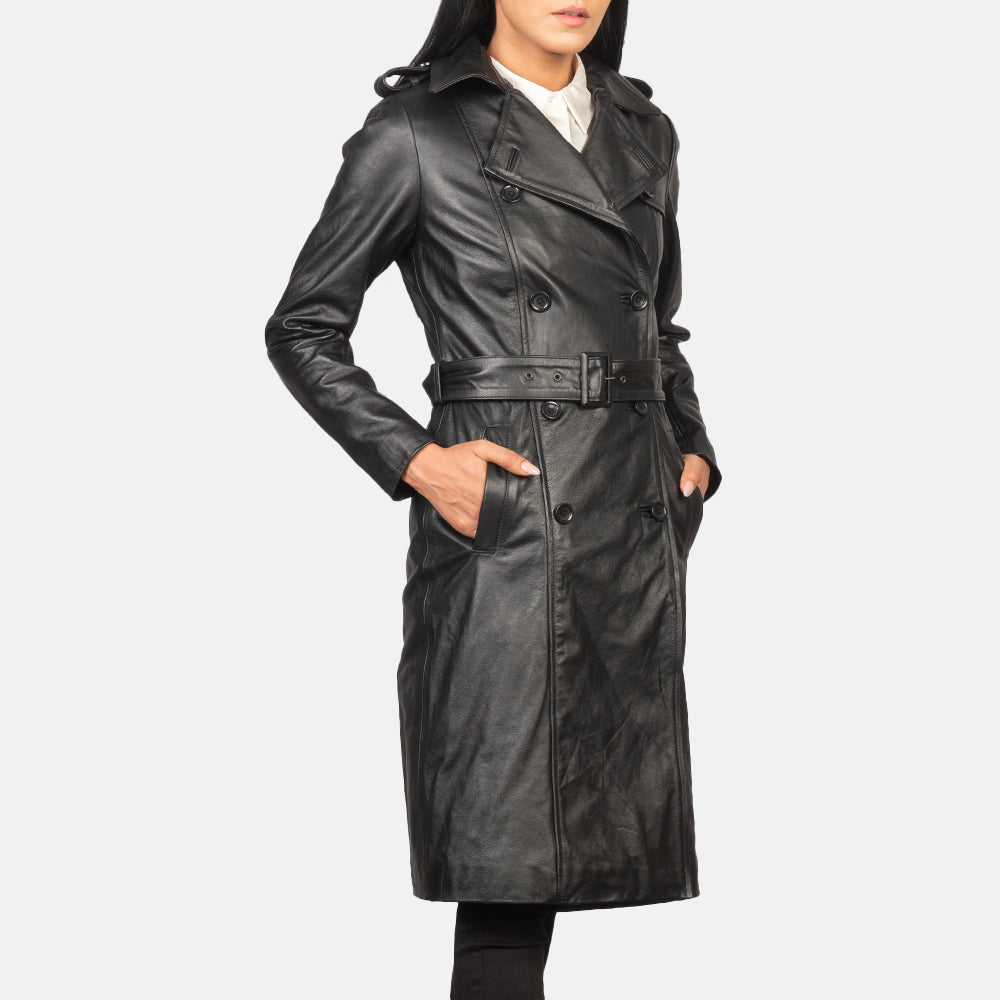 Brex Alice Black Double Breasted Leather Coat - women's coat in black cowhide leather, view 4