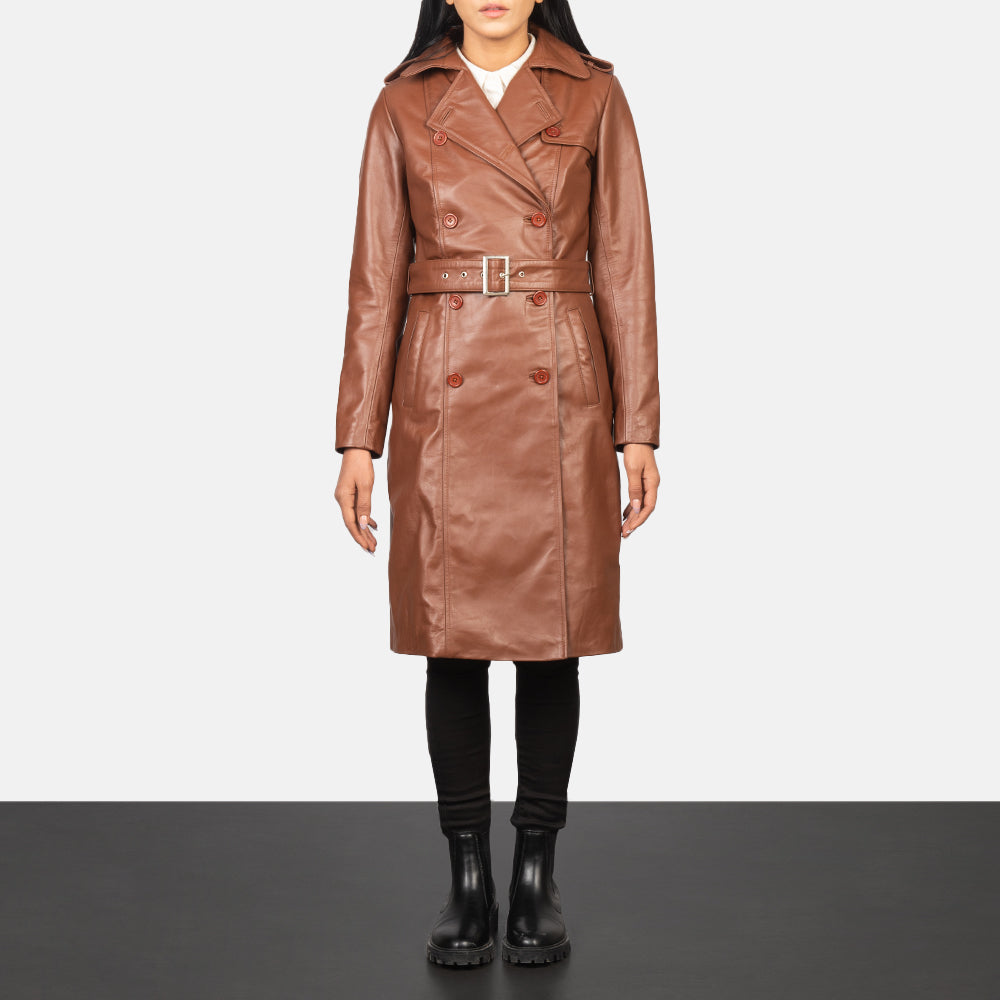 Brex Alice Brown Double Breasted Leather Coat - women's coat in brown cowhide leather, view 1