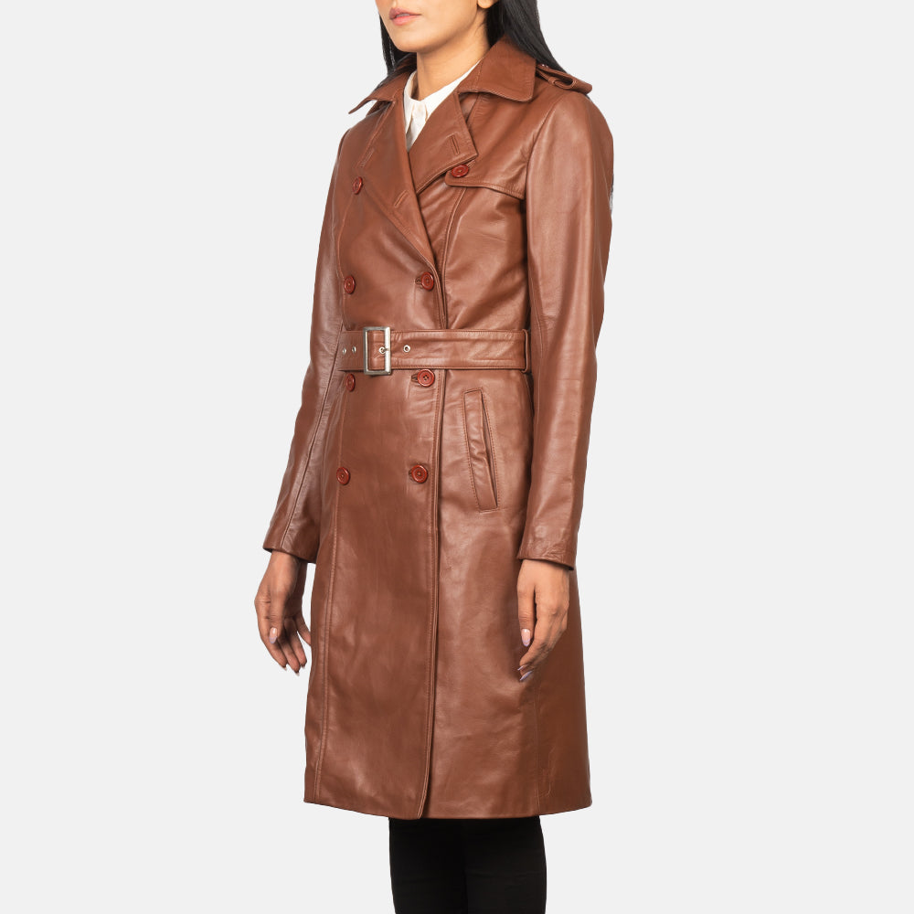 Brex Alice Brown Double Breasted Leather Coat - women's coat in brown cowhide leather, view 2
