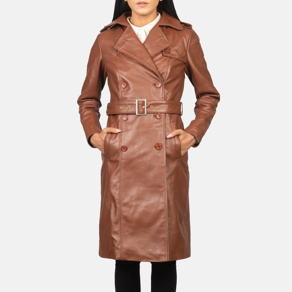 Brex Alice Brown Double Breasted Leather Coat - women's coat in brown cowhide leather, view 3