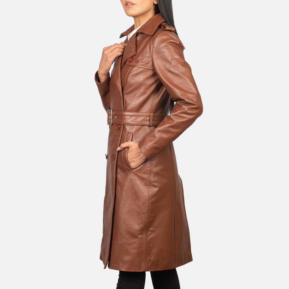 Brex Alice Brown Double Breasted Leather Coat - women's coat in brown cowhide leather, view 4