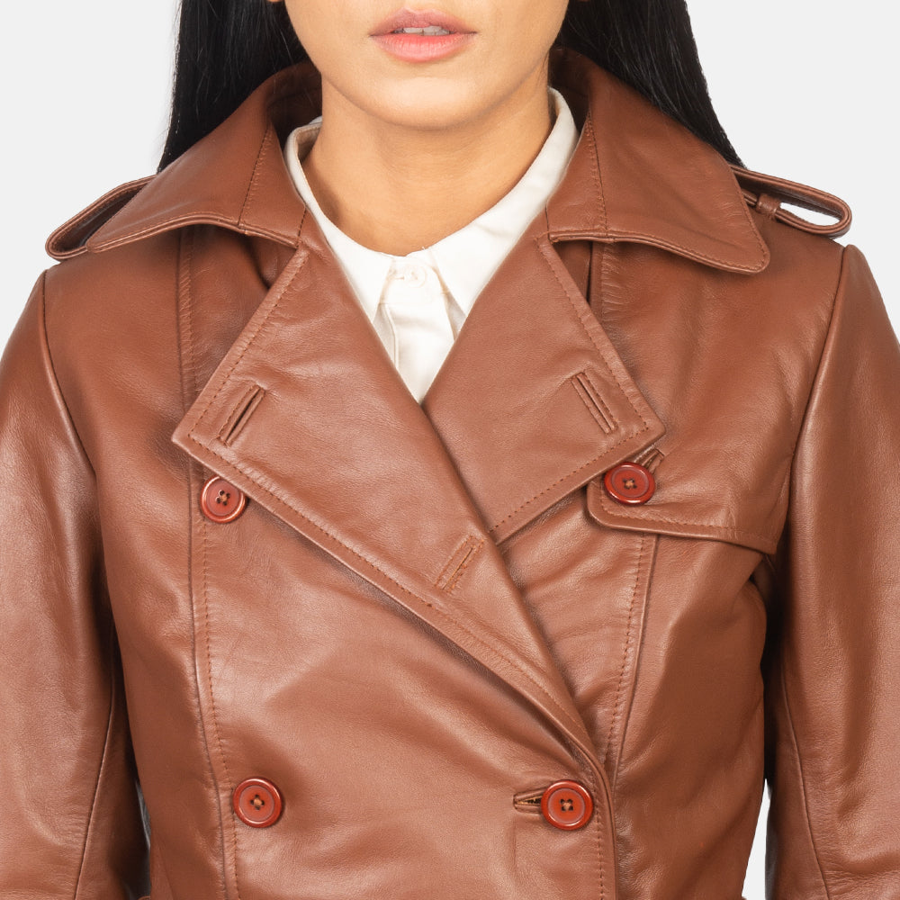Brex Alice Brown Double Breasted Leather Coat - women's coat in brown cowhide leather, view 6