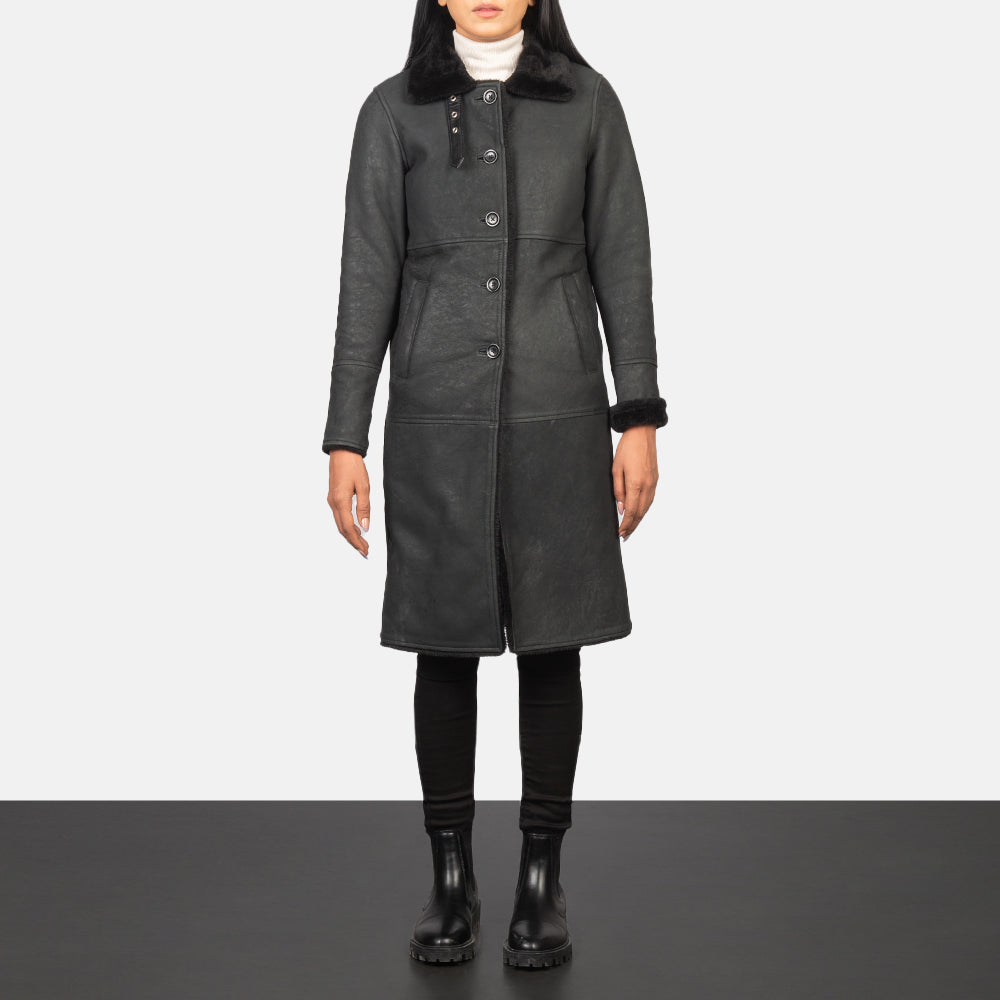 Alina Shearling Black Leather Coat - women's coat in black sheepskin leather, view 1