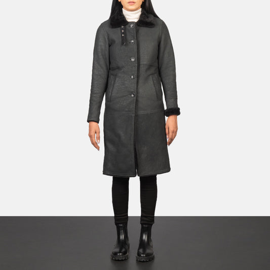 Alina Shearling Black Leather Coat - women's coat in black sheepskin leather, view 1