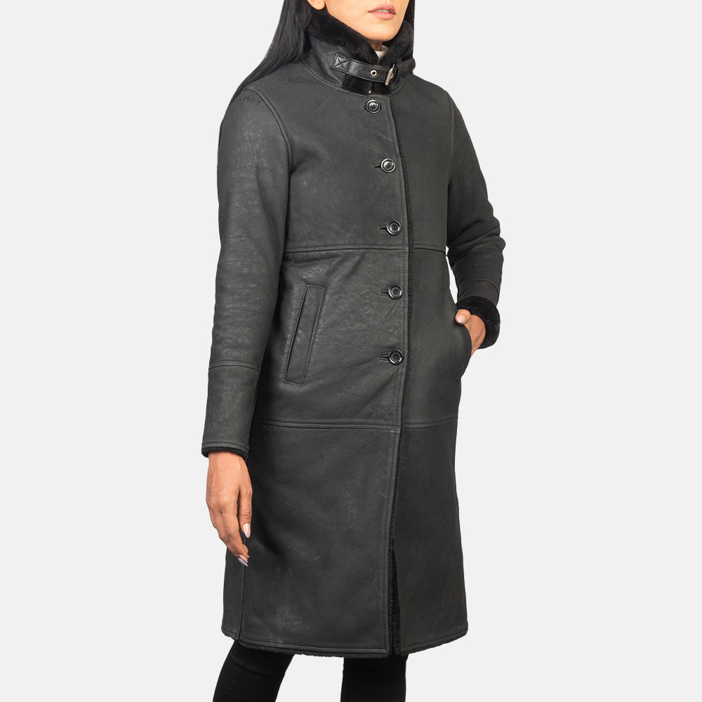 Alina Shearling Black Leather Coat - women's coat in black sheepskin leather, view 2