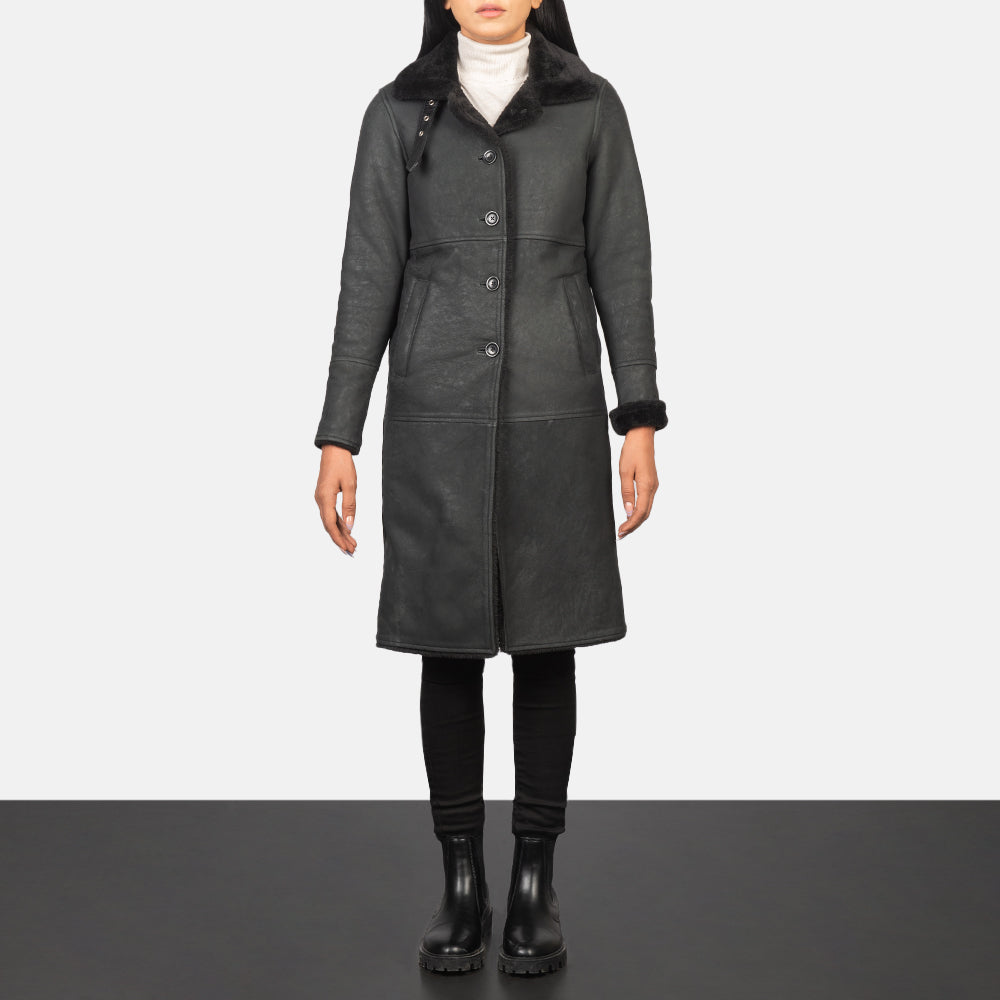 Alina Shearling Black Leather Coat - women's coat in black sheepskin leather, view 3