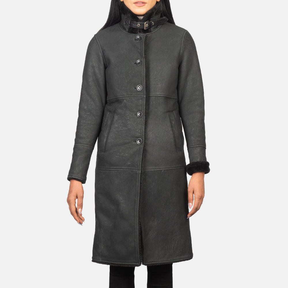 Alina Shearling Black Leather Coat - women's coat in black sheepskin leather, view 4