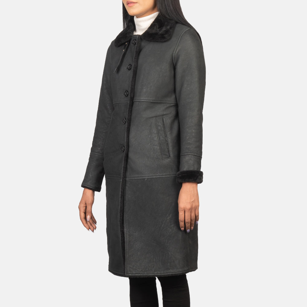 Alina Shearling Black Leather Coat - women's coat in black sheepskin leather, view 6