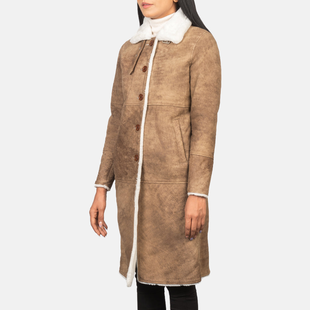Brex Alina Shearling Brown Leather Coat - women's coat in brown sheepskin leather, view 1