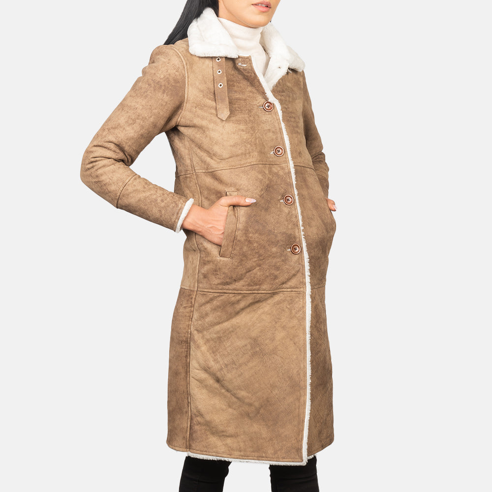 Brex Alina Shearling Brown Leather Coat - women's coat in brown sheepskin leather, view 2