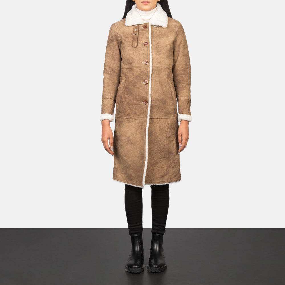 Brex Alina Shearling Brown Leather Coat - women's coat in brown sheepskin leather, view 3