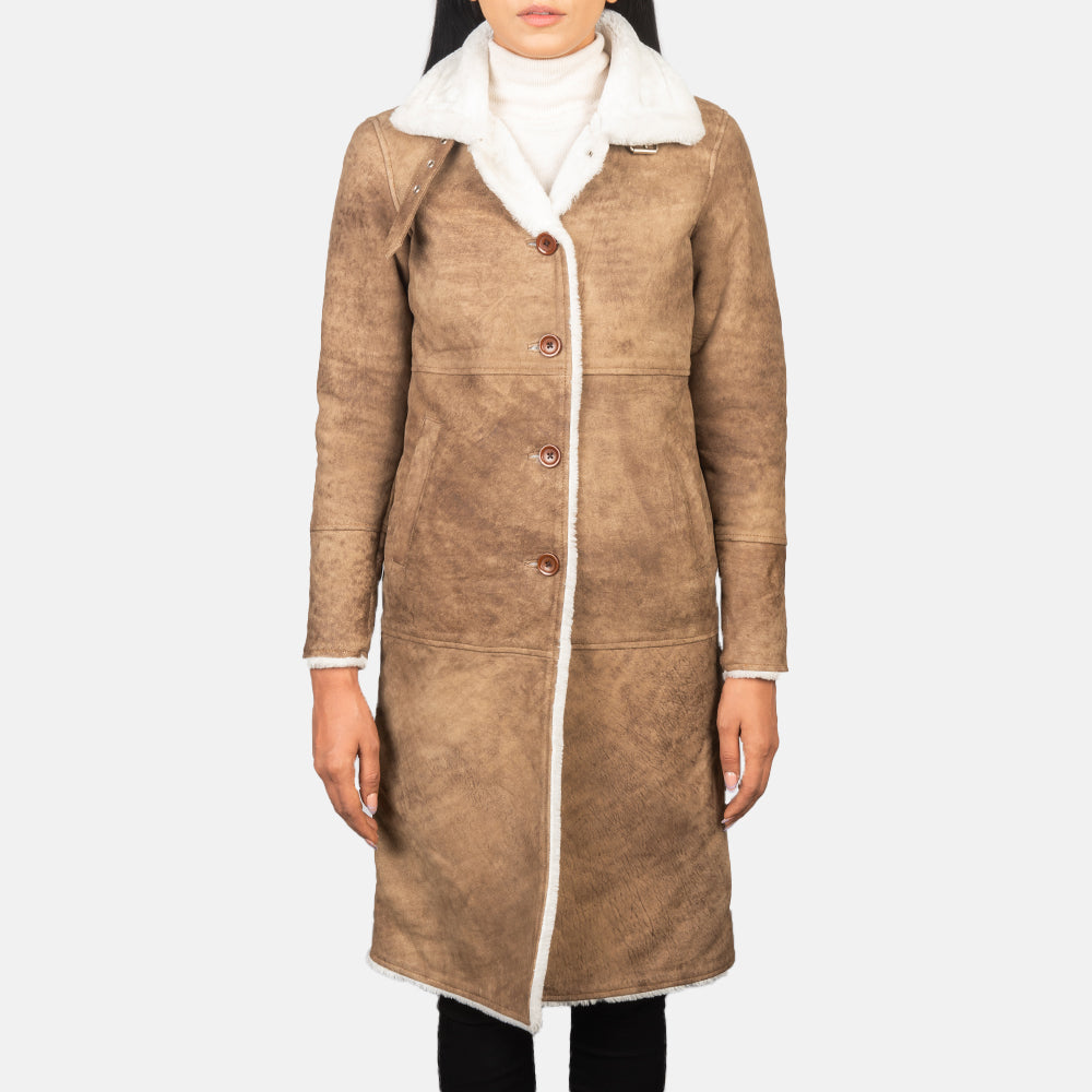 Brex Alina Shearling Brown Leather Coat - women's coat in brown sheepskin leather, view 5