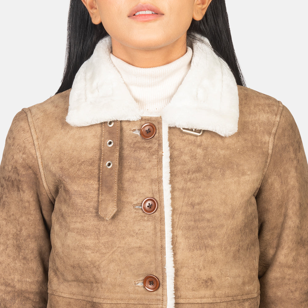 Brex Alina Shearling Brown Leather Coat - women's coat in brown sheepskin leather, view 6