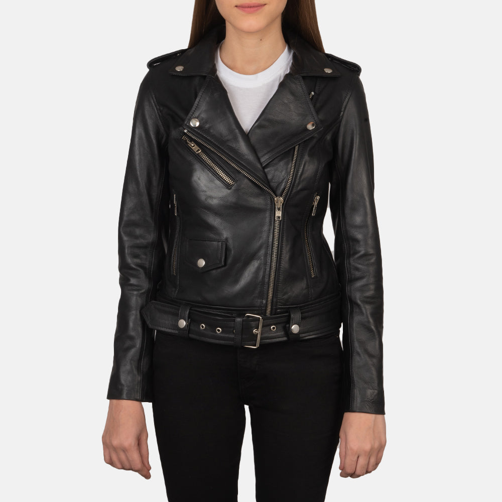 Alison Black Leather Biker Jacket - women's jacket in black cowhide leather, view 1