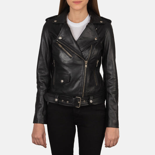 Alison Black Leather Biker Jacket - women's jacket in black cowhide leather, view 1