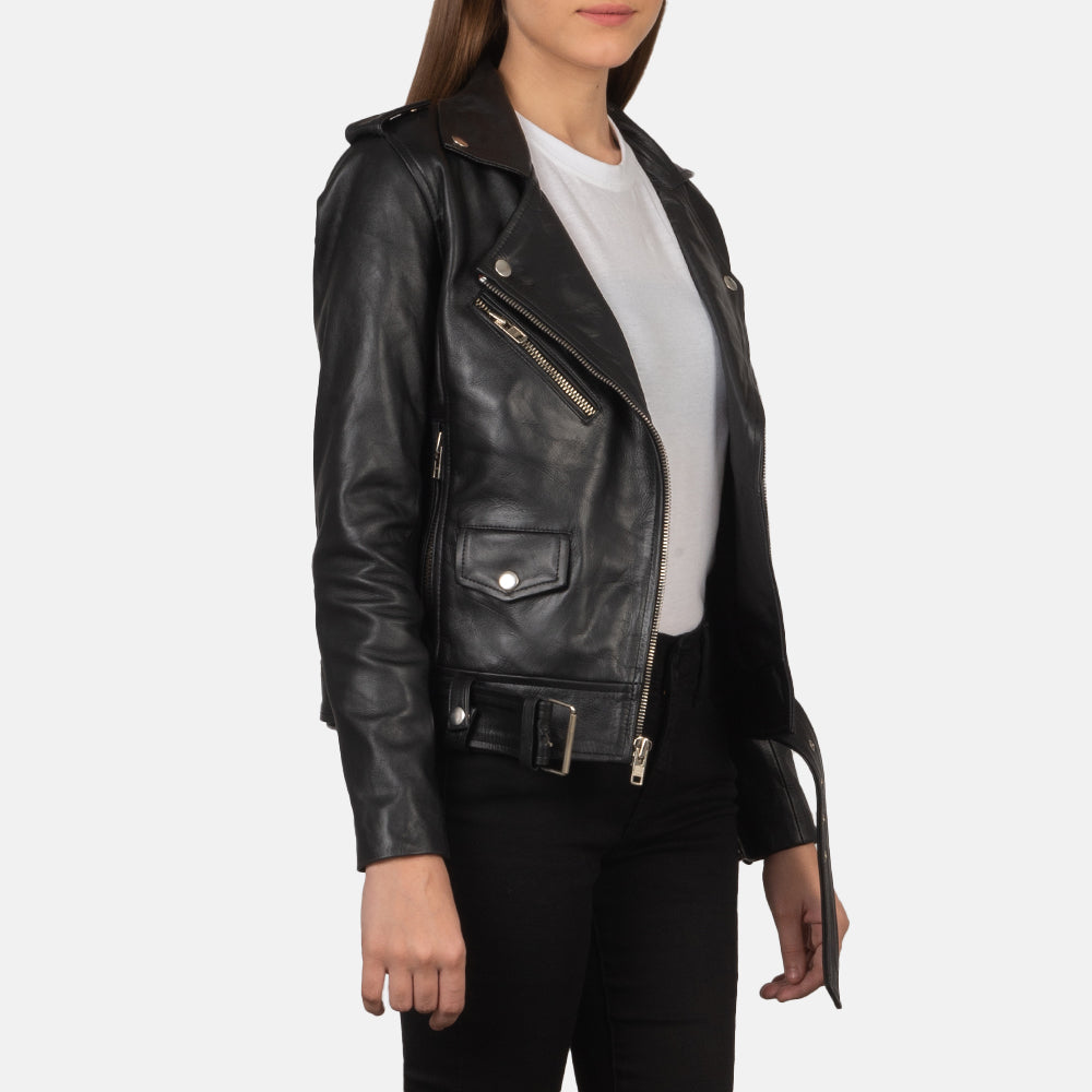 Alison Black Leather Biker Jacket - women's jacket in black cowhide leather, view 2