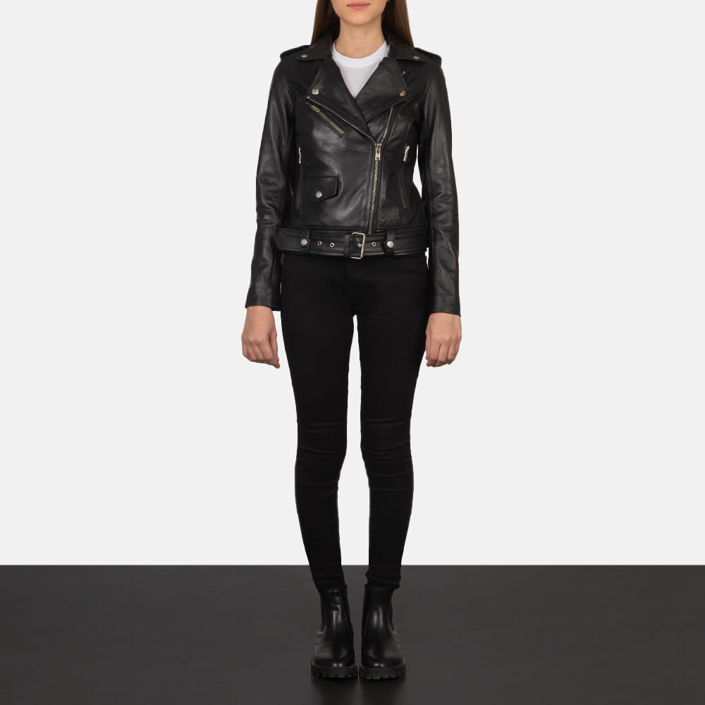 Alison Black Leather Biker Jacket - women's jacket in black cowhide leather, view 3