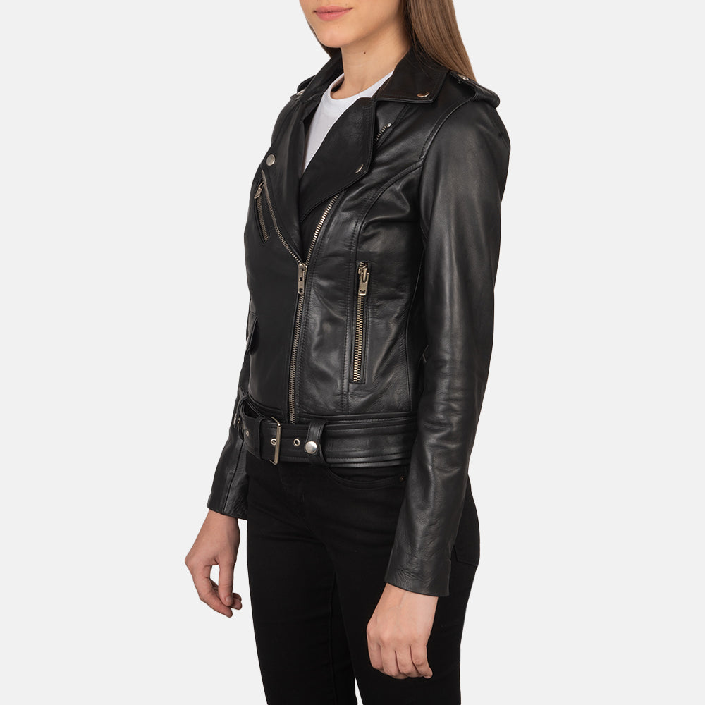 Alison Black Leather Biker Jacket - women's jacket in black cowhide leather, view 4