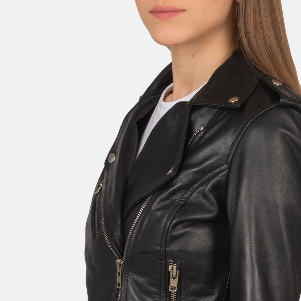 Alison Black Leather Biker Jacket - women's jacket in black cowhide leather, view 6