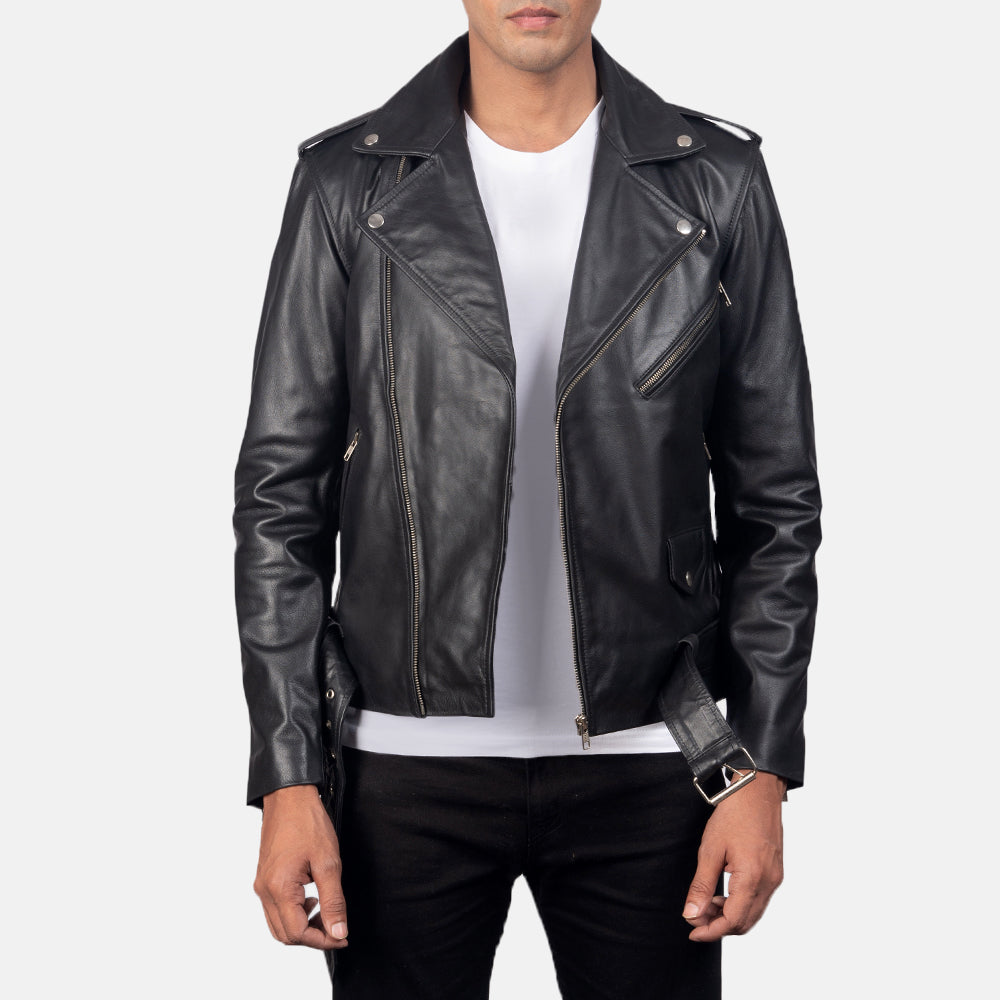 Allaric Alley Black Leather Biker Jacket - men's jacket in black cowhide leather, view 1